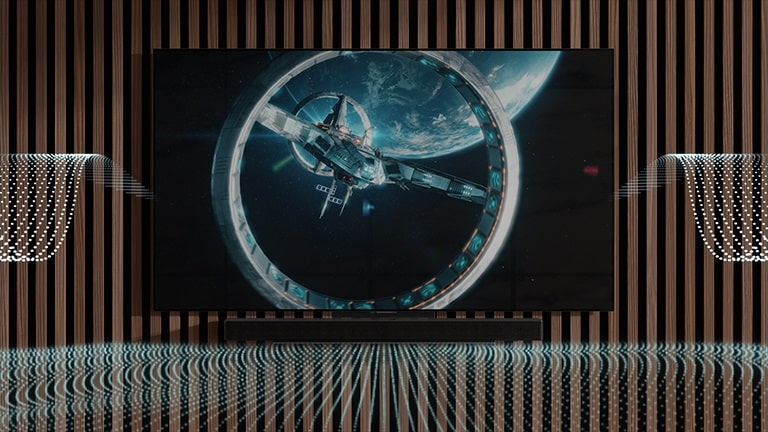 Különböző alakú, kék színű hanghullámok érkeznek a hangprojektorból és a TV-ből.