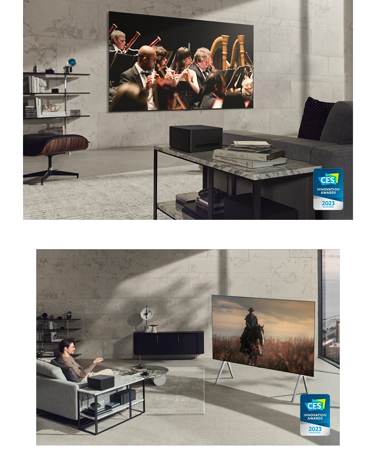 Néhány kép az LG OLED M TV-hez kapcsolódóan. Az AV-egység ráközelített képe, amint rendezetten áll az oldalsó asztalon. Az LG OLED M falra szerelve egy ízlésesen díszített helyiségben, és nincsenek kábelek a televízió körül. Egy padlóállványon álló LG OLED M ráközelített képe, a képernyőn színes kép látható. Minden képen szerepel a CES 2023 innovációs díj logója.