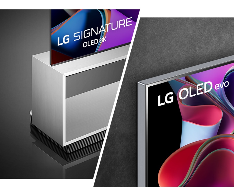 A kép bal oldalán az LG OLED Z3 és egy padlóállvány látható oldalsó nézetben. A kép jobb oldala az LG OLED G3 galériakialakítását mutatja.
