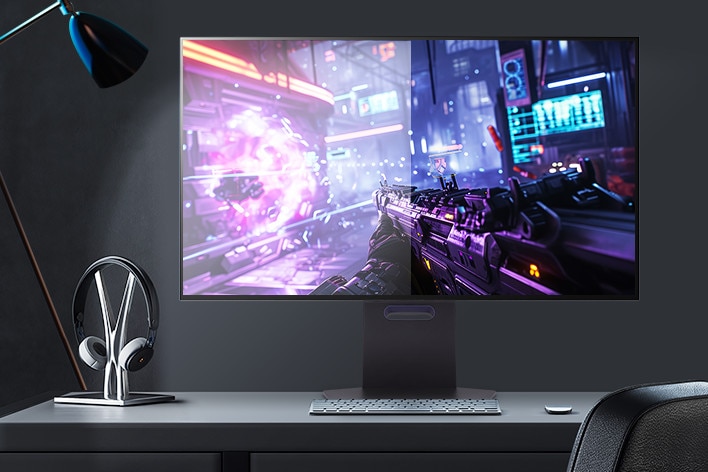 Videó, amely bemutatja az LG UltraGear OLED gaming monitor tükröződésmentes képernyőjét, még erős fényviszonyok mellett is.