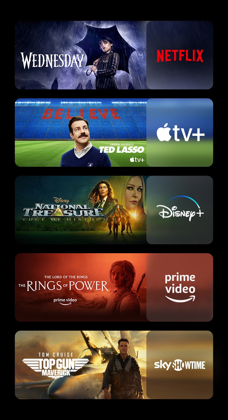 Öt képmező látható, mindegyiken egy-egy közvetítési platform logója és műsora. Netflix logó és a Wednesday, Apple TV plus logó és Ted Lasso, Disney plus logó és A nemzet aranya, Prime Video logó és A hatalom gyűrűi, Sky Showtime logó és a Top Gun.