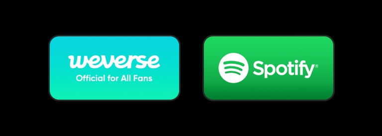 Két blokk látható a Weverse és a Spotify logókkal.