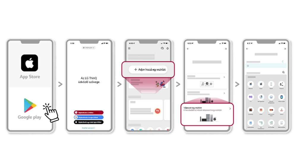 Az LG ThinQ alkalmazás telepítési folyamatának sorrendje a hat mobiltelefon-képernyőn