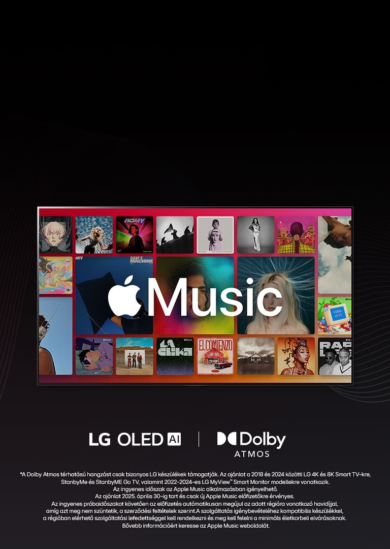 Az albumok táblázatos elrendezése befedve az Apple Music logójával, alatta az LG OLED és a Dolby Atmos logóval.