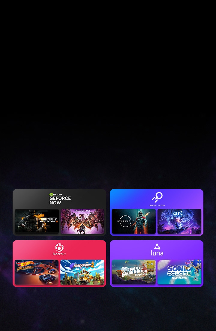 Népszerű felhőalapú platformok s játékok ikonjai láthatóak pl.: GeForce NOW és a Boosteroid, amelyek az LG Gaming Portálról.