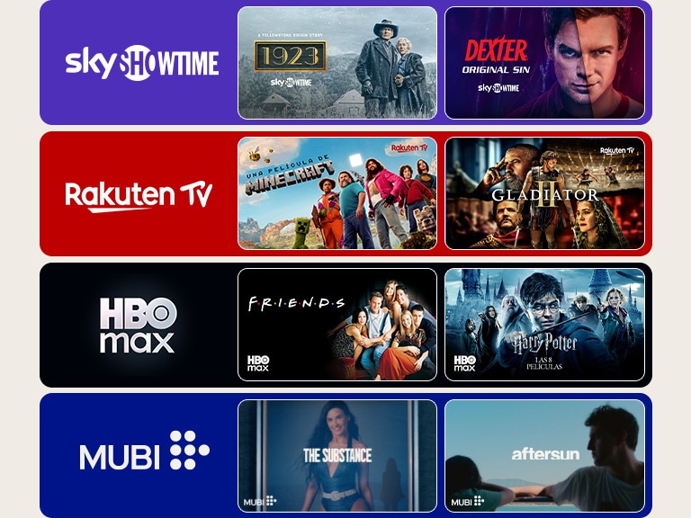 Népszerű streaming szolgáltatások logói utalnak s streaming tartalmak sokszínű választékára az LG Smart TV-n.