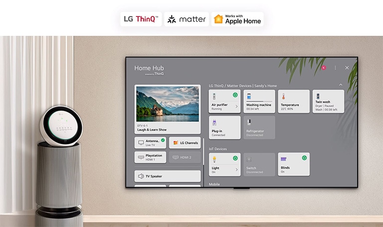 Ein an der Wand montierter LG TV und ein LG PuriCare™ Objet Collection 360° auf der linken Seite. Der Fernseher zeigt Home Hub an und ein Mauszeiger klickt auf „Luftreiniger“ und der LG PuriCare™ Objet Collection 360° wird aktiviert.