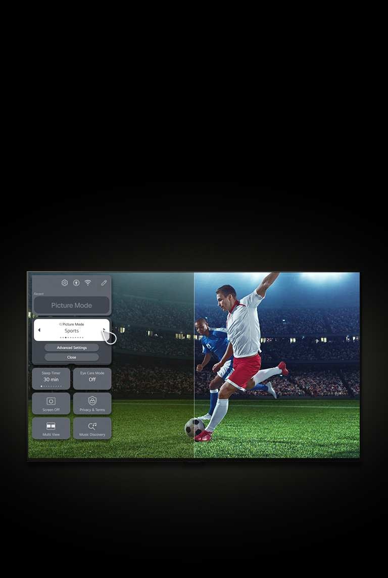 Egy LG TV egy focistát jelenít meg a pályán. A kijelző bal oldalán található menü a beállításokat mutatja, majd a kurzor kattint, és a képbeállítást „Élénk” helyett „Sports módra” változtatja. Egy grafikus vonal halad át a képernyő felett, hogy egy világosabb, tisztább képet tárjon fel.