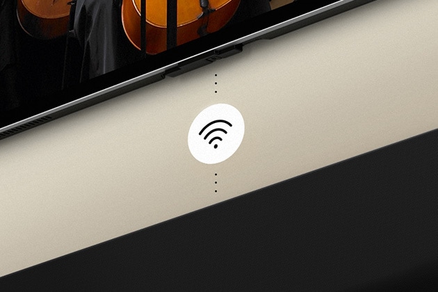 LG OLED TV és hangprojektor, középen egy fehér Wi-Fi-szimbólum grafikával.