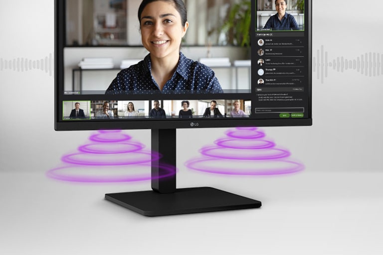 A monitor oldalnézetből, miközben egy videokonferenciát jelenít meg.