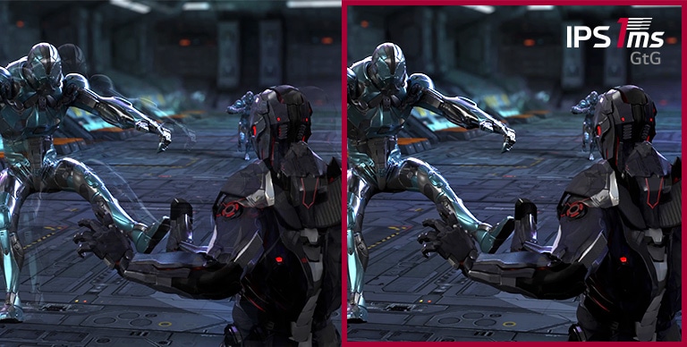 Miközben a játékos őrt áll, és 3 ellenfélre lő egy mozgalmas lövöldözős játékban, az IPS 1 ms-os (GtG) válaszidővel a játékjelenet tisztábban jelenik meg az IPS 5 ms-os válaszidőhöz képest, elhalványuló vagy vibráló képernyők nélkül.