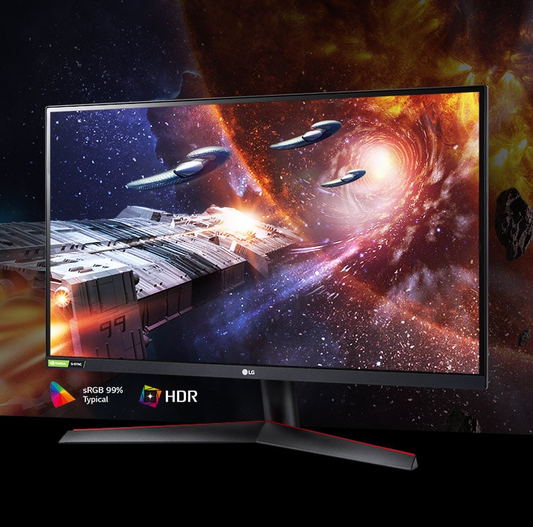 Játékjelenet gazdag színekkel és kontraszttal a HDR10 sRGB 99% (Typ.) technológiát támogató monitoron.