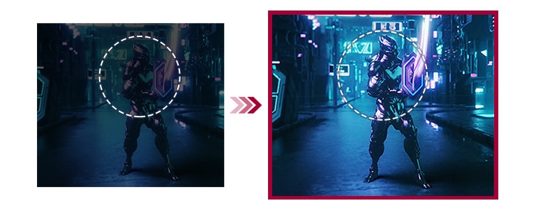 Két játékjelenet összehasonlítása; a sötét jelenet nehezen látható a hagyományos üzemmódban, de ugyanaz a jelenet jobban látható a Black Stabilizer üzemmódban