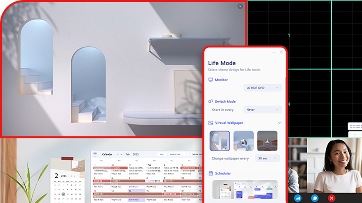 Az LG Switch alkalmazás segít optimalizálni a monitort a hatékony munkakörnyezethez, például hat területre osztani a kijelzőt, kezelni az ütemterveket, vagy a videohívó platformot könnyedén elindítani a hozzárendelt gyorsbillentyűk segítségével.	