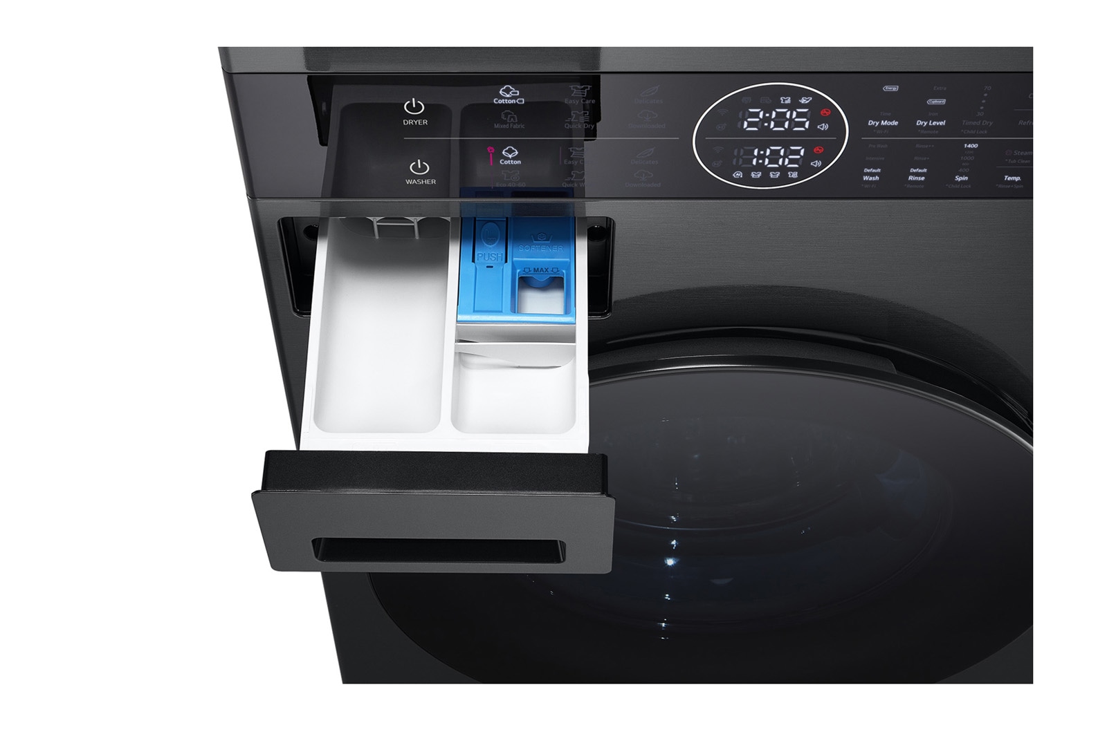 LG  WashTower™, 12/10 kg, max. 1400 ford./perc,  Steam™, TurboWash™360, Automatikus kondenzátortisztítás és ThinQ™ WiFi funkció, WT1210BBF