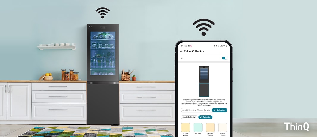 A kép egy Wi-Fi által csatlakozott hűtőszekrényt és okostelefont mutat. A telefon képernyőjén az LG ThinQ applikációban az LG InstaView Alulfagyasztós hűtőszekrény ajtóvilágításának választható színei láthatók.