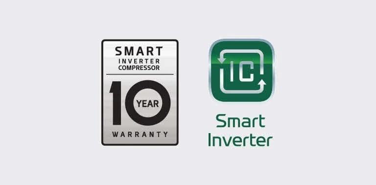 A Smart Inverter Kompresszorra vonatkozó 10 év garancia logó a Smart Inverter logo mellett található.