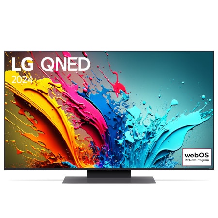 LG QNED TV, QNED86 elölnézete az LG QNED, 2024 szöveggel és a webOS Re:New Program logóval a képernyőn