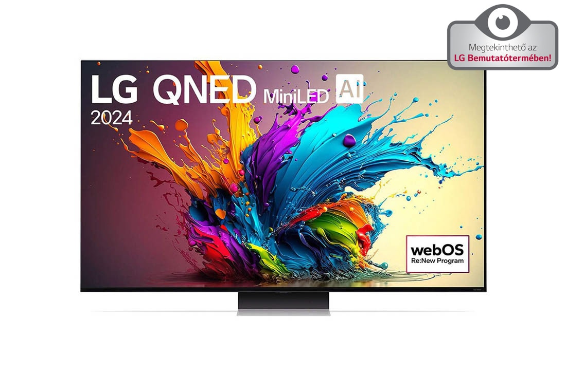 LG QNED TV, QNED91 elölnézete az LG QNED MiniLED, 2024 szöveggel és a webOS Re:New Program logóval a képernyőn