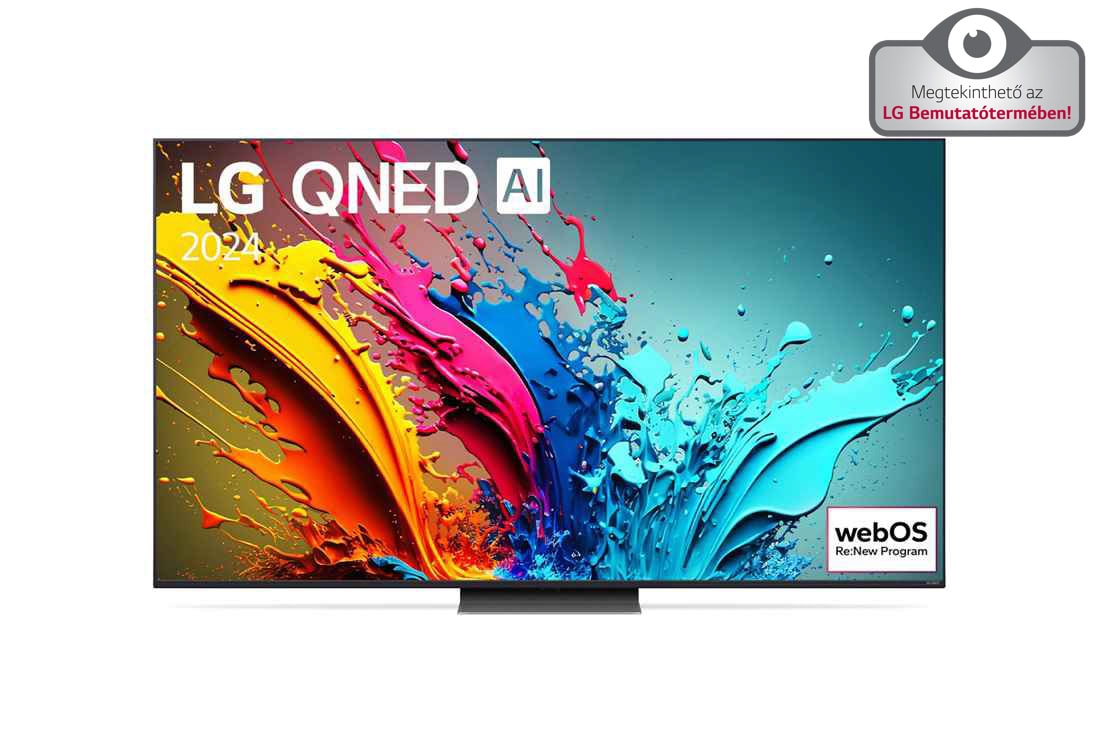 LG QNED TV, QNED86 elölnézete az LG QNED, 2024 szöveggel és a webOS Re:New Program logóval a képernyőn