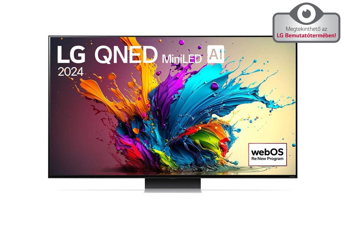 LG QNED TV, QNED91 elölnézete az LG QNED MiniLED, 2024 szöveggel és a webOS Re:New Program logóval a képernyőn