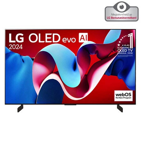 LG OLED evo AI TV, OLED C4 elölnézete, 11 Years of world number 1 OLED embléma és webOS Re:New Program logó a képernyőn