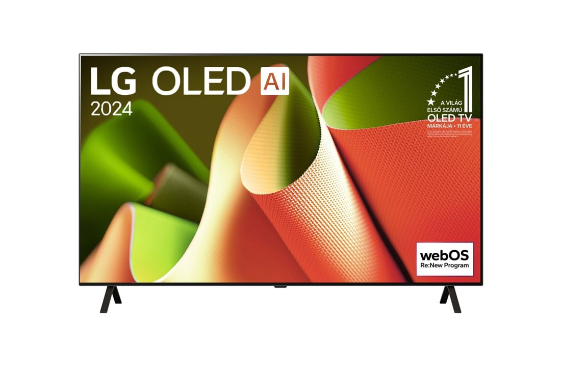 LG OLED TV, OLED AI B4 elölnézet, 11 Years of world number 1 OLED embléma és webOS Re:New Program logó látható a képernyőn, kétoszlopos állvánnyal