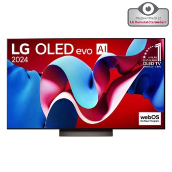 LG OLED evo AI TV, OLED C4 elölnézete, 11 Years of world number 1 OLED embléma logó és webOS Re:New Program logó a képernyőn