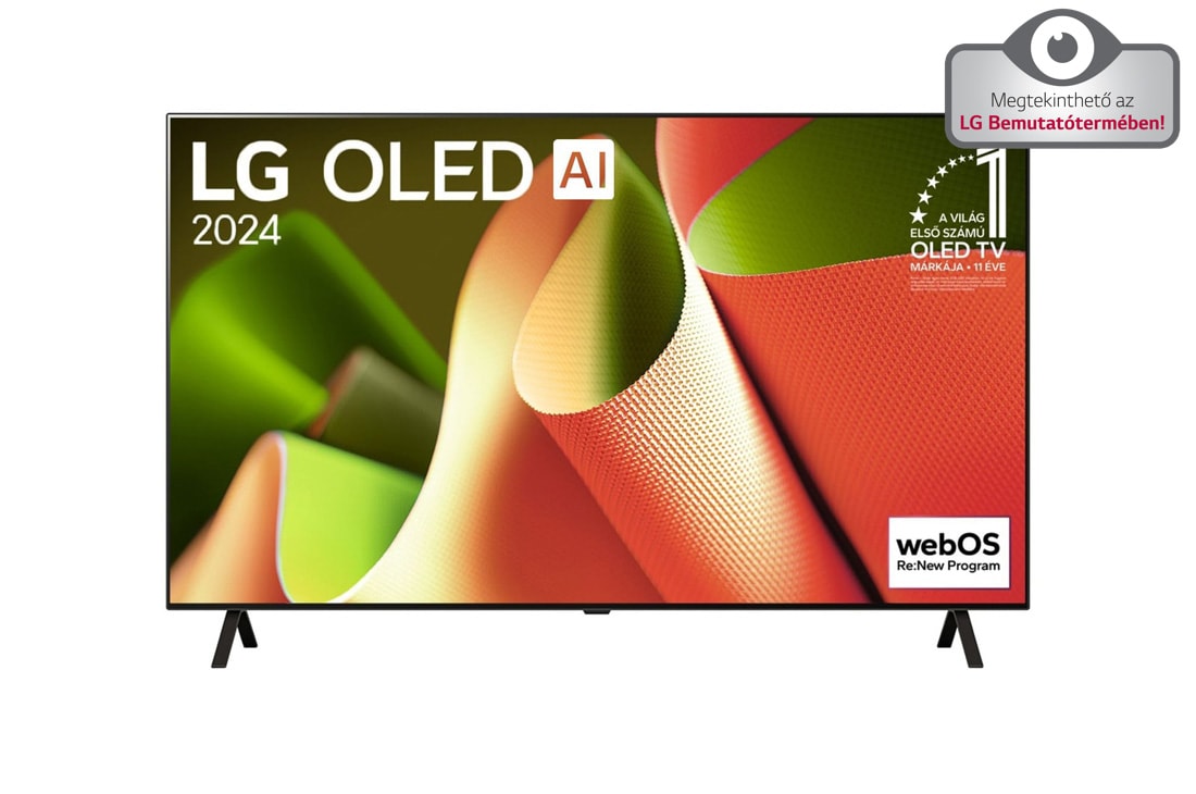 LG OLED TV, OLED AI B4 elölnézet, 11 Years of world number 1 OLED embléma és webOS Re:New Program logó látható a képernyőn, kétoszlopos állvánnyal