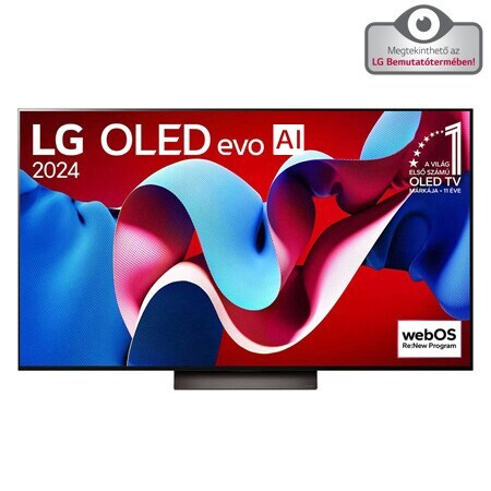 LG OLED evo AI TV, OLED C4 elölnézete, 11 Years of world number 1 OLED embléma és webOS Re:New Program logó a képernyőn