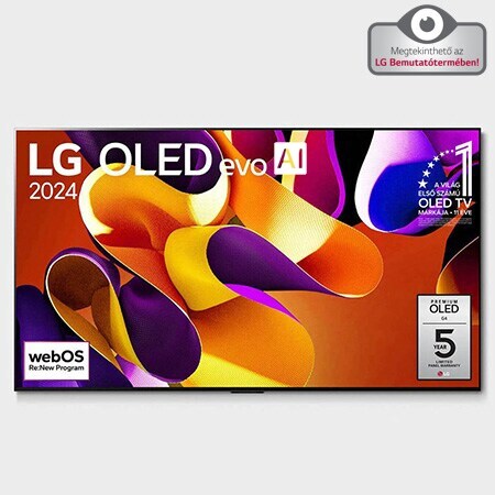 Elölnézet: LG OLED evo AI TV, OLED G4, 11 Years of world number 1 OLED embléma, webOS Re:New Program logó és 5-Year Panel Warranty logó a képernyőn