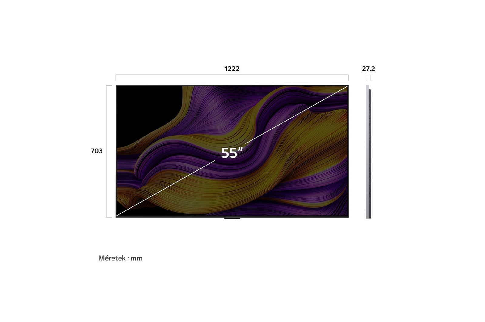 OLED55G51LW méretei mm-ben, képátló colban megadva