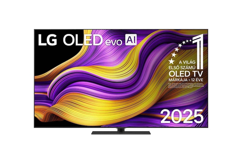 LG OLED evo AI G5 4K Smart TV elölnézete. „12 éve világelső OLED” embléma és LG OLED evo AI 2025 logo látható a képernyőn.