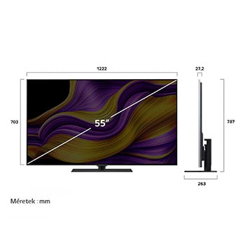LG OLED evo AI G5 4K Smart TV elülső és oldalsó nézete mutatva annak méreteit hosszúságban, szélességben, magasságban és mélységben.