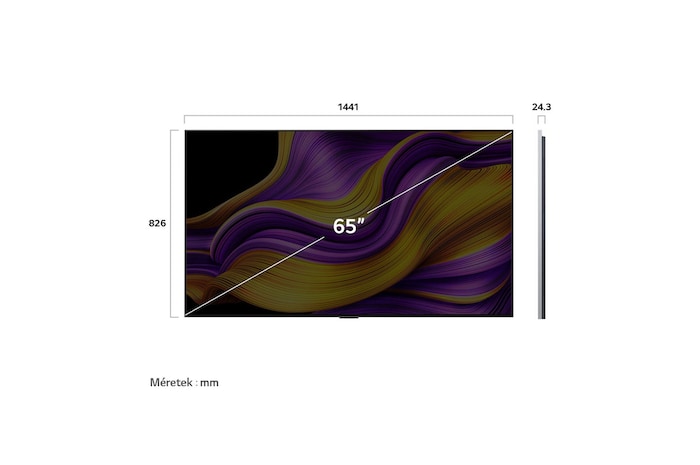 OLED65G51LW méretei mm-ben, képátló colban megadva.