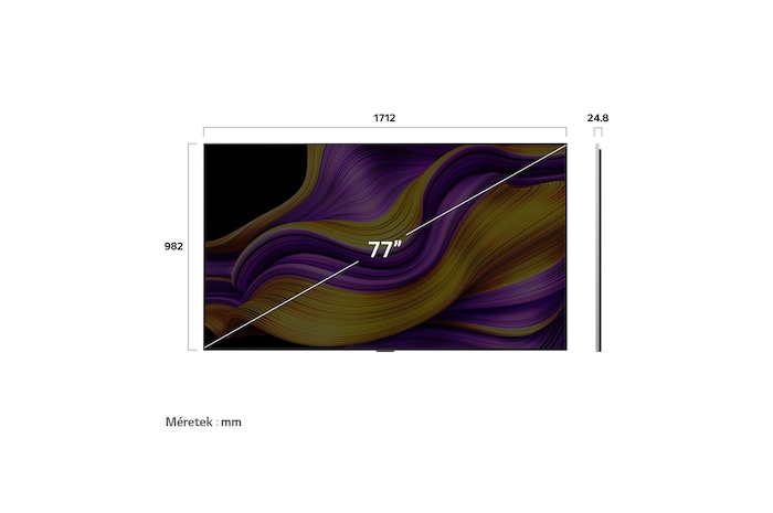 OLED77G51LW TV méretei mm-ben, képátló átmérője colban.