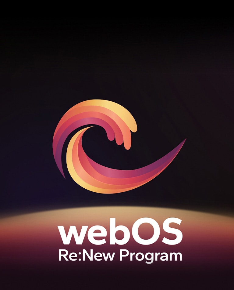 A webOS Re:New Program logó egy fekete háttér előtt, alul egy sárga, narancssárga és lila forgó gömbbel.