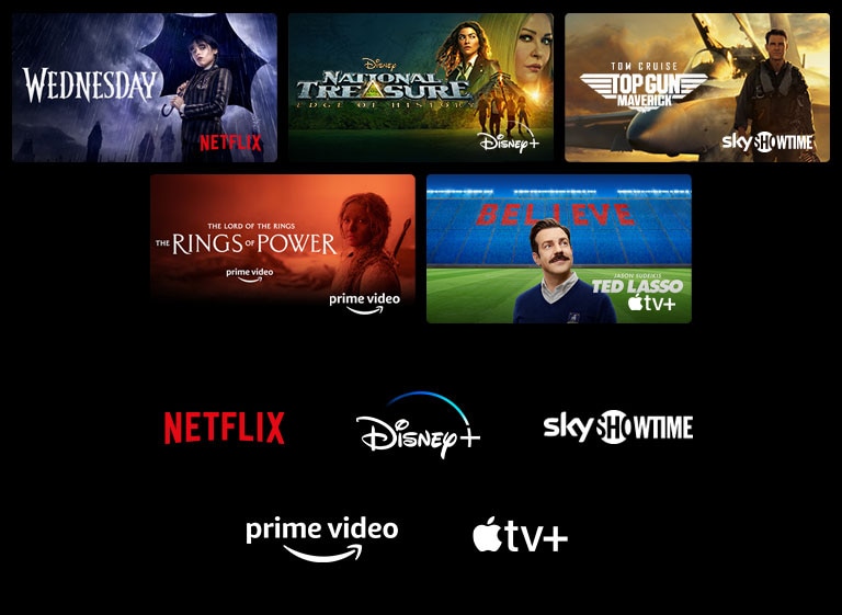 Egy poszteren a Wednesday látható a Netflixtől, A nemzet aranya a Disney+-tól, A hatalom gyűrűi a Prime Videótól, a Ted Lasso az Apple TV Plus-tól és egy leopárd a vadonban az LG Channels műsorán.