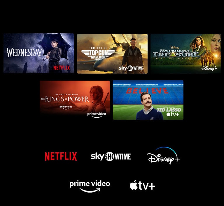 Reklamni plakat serije „Wednesday” na Netflix, „National Treasure” na Disney+, SkyShowtime, „The Rings of Power” na Prime Video i „Ted Lasso” na Apple TV Plus.