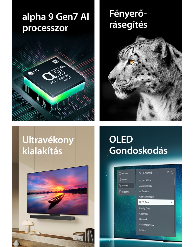 Az LG alpha 11 AI 4K processzora egy alaplap felső részén lila és rózsaszín fénycsóvákat bocsát ki.	  Egyfalas kialakítású LG OLED G4 és LG hangprojektor egy modern lakótérben, laposan a falra szerelve.  LG OLED Care+ és 5 Year Panel Warranty (5 év panelgarancia) logó fekete háttér előtt.  Brightness Booster Max a vízből kiugró bálna képével a csillagos éjszakai égbolt előtt.