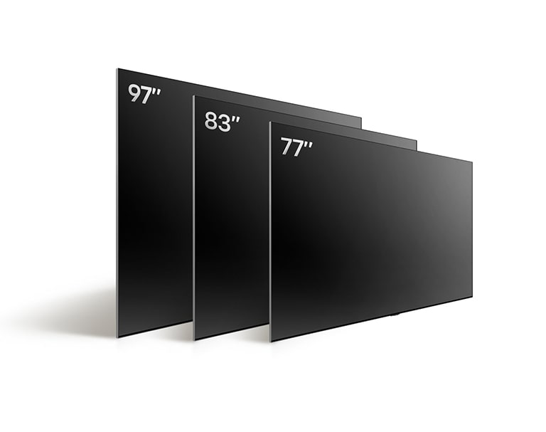 Az LG OLED TV, OLED evo M4 különböző méreteinek összehasonlítása, mely bemutatja OLED evo M4 83 col, OLED evo M4 77 col és az LG SIGNATURE OLED M4 97 col méreteket.