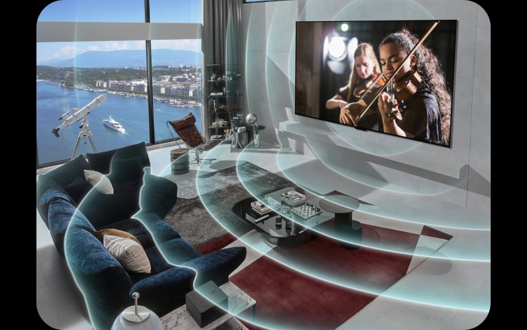 LG SIGNATURE OLED M4 TV egy modern városi lakásban. A kép fölött egy rácsszerkezet jelenik meg, mintha a teret szkennelné, majd a képernyőről kék hanghullámok vetülnek ki, és tökéletesen megtöltik a helyiséget hanggal.