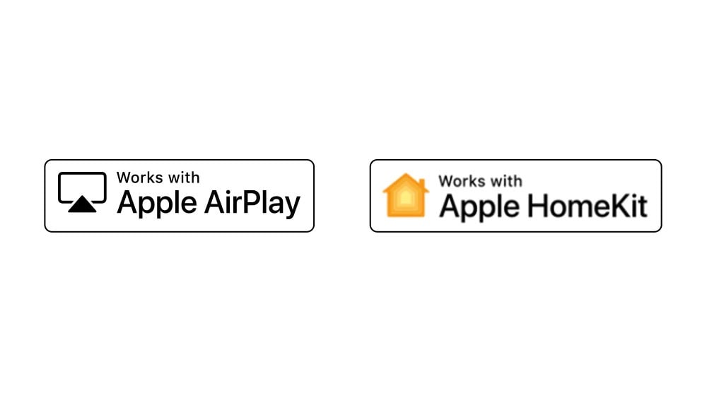 Négy logó látható sorban – Works with Apple AirPlay, Works with Apple HomeKit.