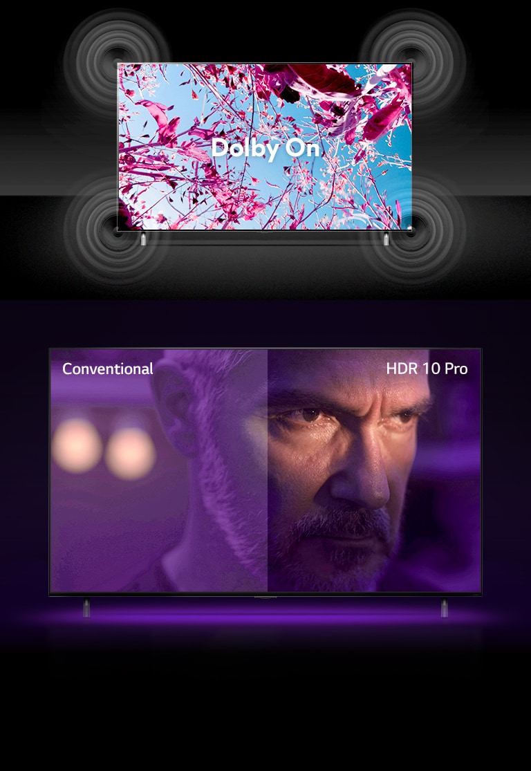 A QNED TV képernyőjén egy nyári mezőn rózsaszín repcevirágok láthatók, középen egy Dolby KI felirat olvasható. A képernyőn látható kép egyre világosabbá válik, ahogy a felirat Dolby BE szövegre vált. Alatta egy másik QNED TV, és egy dühösnek látszó öreg ember van a képernyőn. A TV képernyőjén lévő kép két részre van osztva. A kép bal oldali fele fakónak tűnik kevésbé élénk színekkel, a jobb oldali rész pedig élénkebbnek és színesebbnek tűnik. A bal felső sarokban a „hagyományos”, a jobb felső sarokban pedig a „HDR 10 PRO” felirat olvasható.