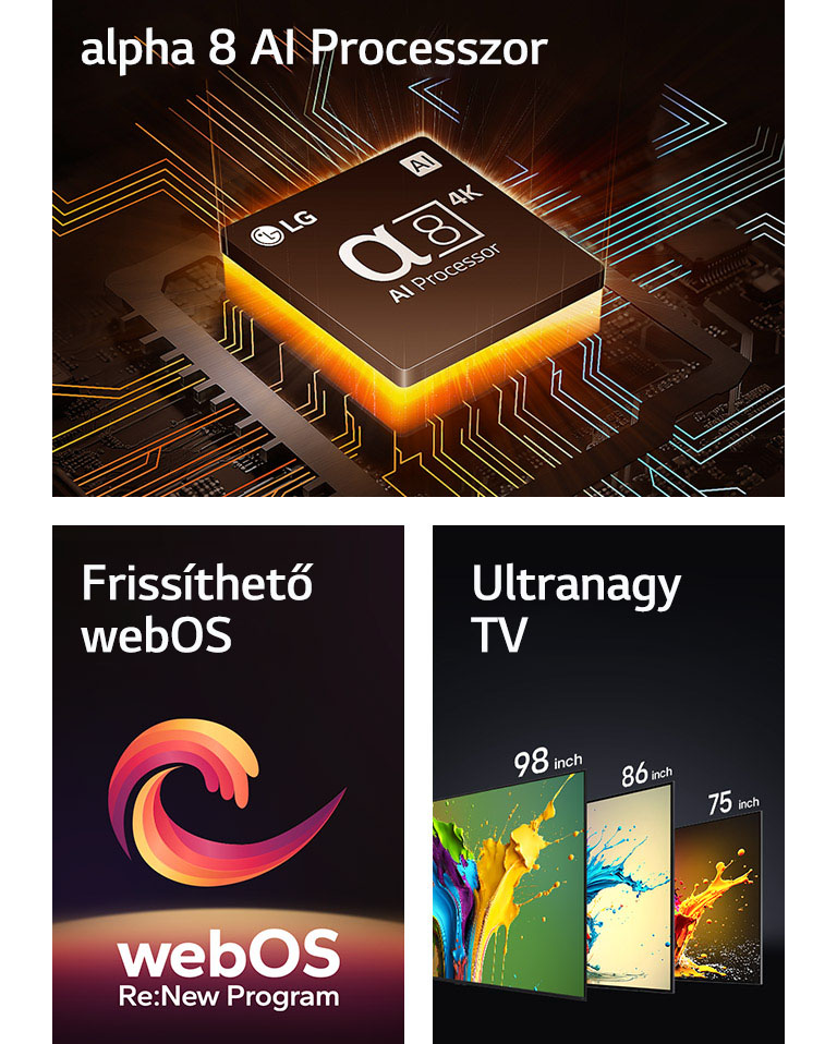 Az alpha 8 AI 4K processzor alulról sugárzó narancssárga fénnyel látható. Az „Upgradeable webOS” (Frissíthető webOS) és a „webOS Re:New Program” szavak között egy piros, sárga és lila spirális alakzat látható. LG QNED89, QNED90 és QNED99 televíziók balról jobbra beállított sorrendben. Mindegyik televízió egy színpompás foltot jelenít meg, és felettük az „Ultra Big TV” (Ultra nagy TV) felirat látható.