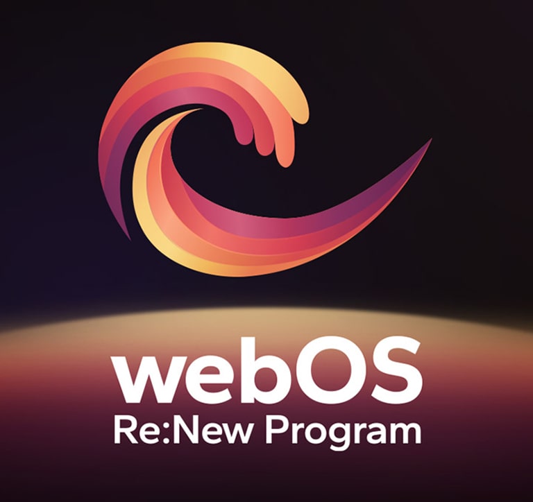 A webOS Re:New Program logó egy fekete háttér előtt, alul egy sárga, narancssárga és lila forgó gömbbel.