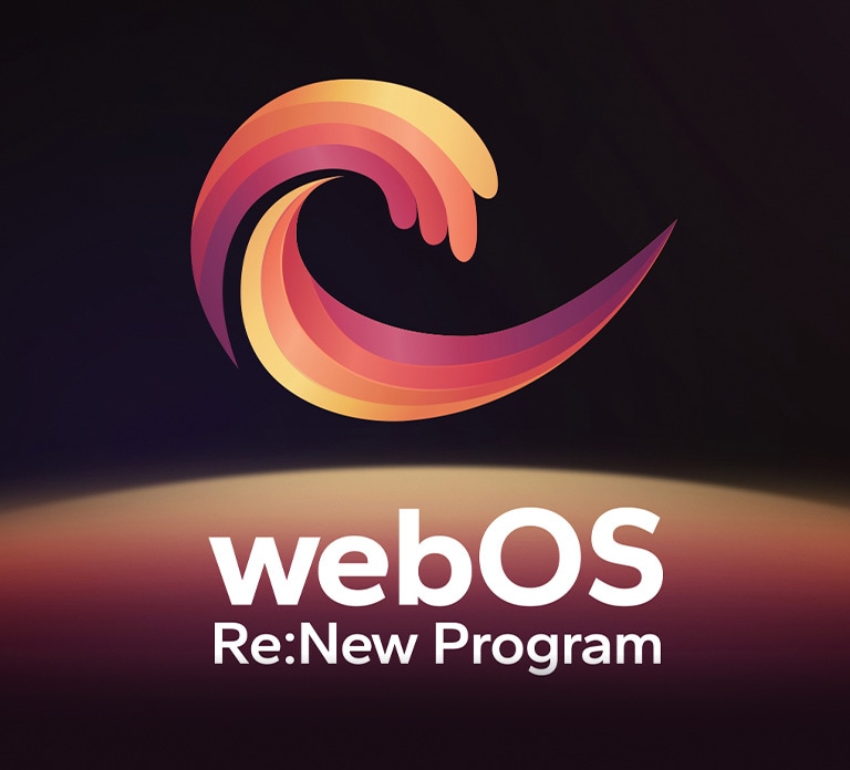 A webOS Re:New Program logó egy fekete háttér előtt, alul egy sárga, narancssárga és lila forgó gömbbel.