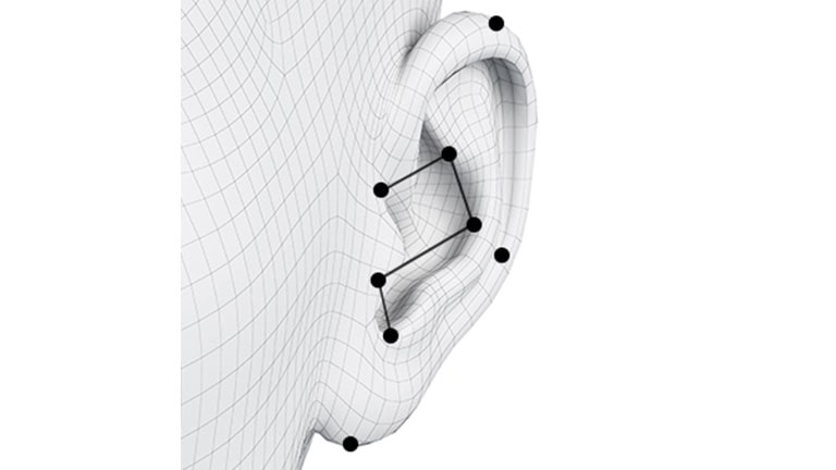 Egy fül ábrázolása. Egy fül ábrázolása három fekete-fehér ponttal a tájékozódási pontok bemutatására. Egy fül ábrázolása a fülhallgatóval a fül belsejében a virtuális illesztés bemutatására. Egy fül ábrázolása fekete pontokkal és vonalakkal az ergonómiai elemzés bemutatására.