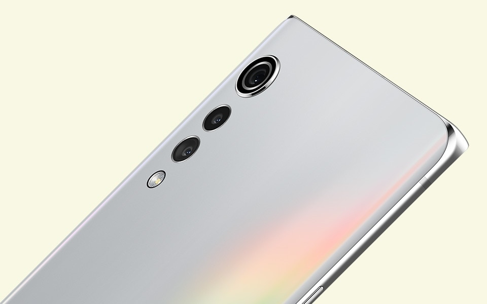 A rear view of the LG VELVET smartphone in Aurora Silver colour