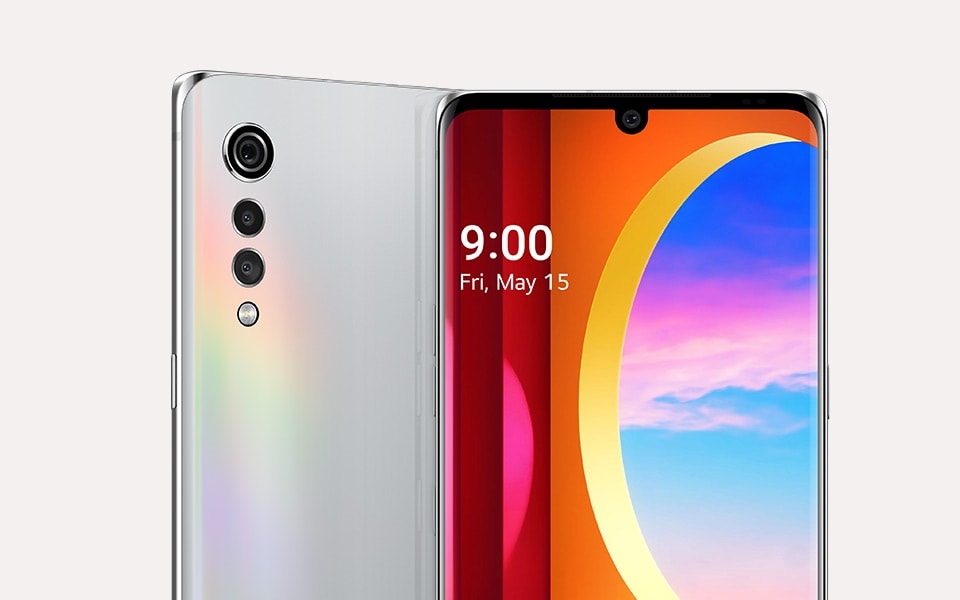 An image of the LG VELVET smartphone in Aurora Silver colour showing both front and rear